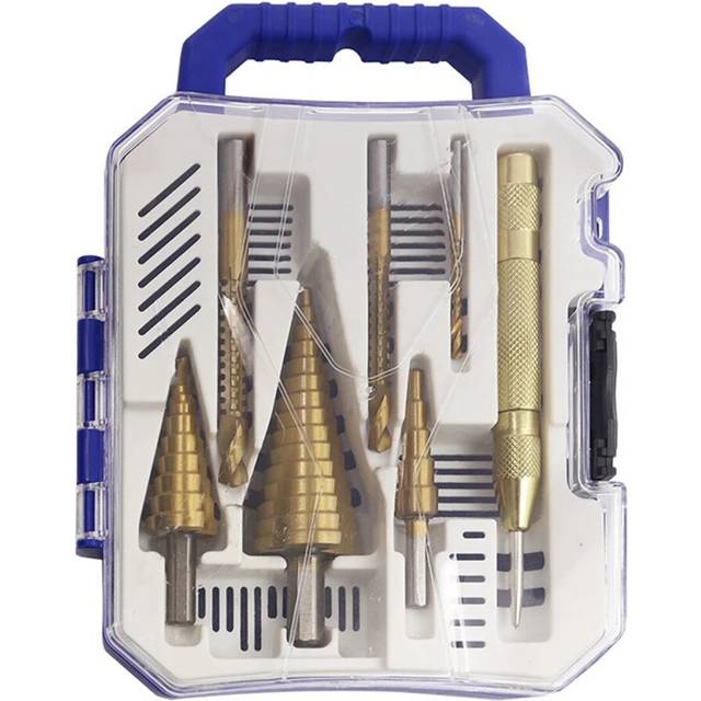 7PCs HSS Step Drill Bit Sets Straight Groove Titanium Coated Cone Hole Automatic Center Punch Twist Saw Drill Bit
