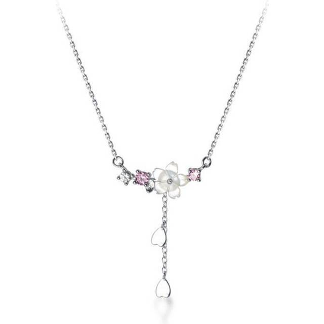 2PCS Silver plating Cherry Flower Shell Long Tassel Necklace for Women Sweet Heart Pendant Clavicle Chain Necklace