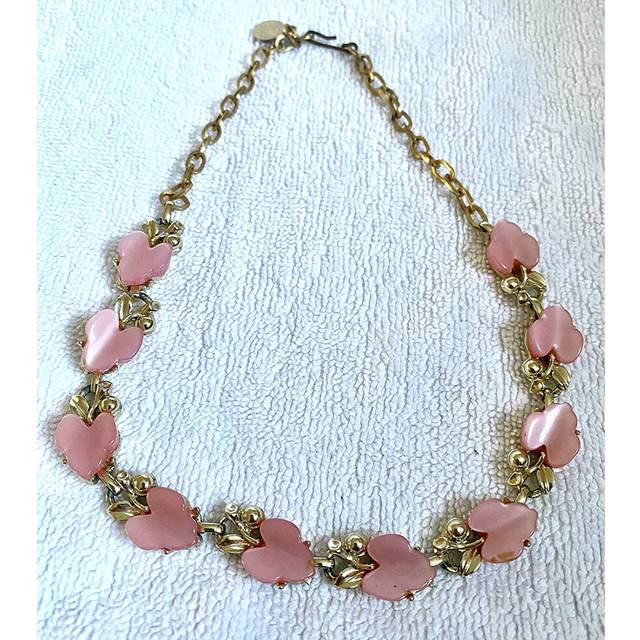 D Necklace With heart/Leaf shape Pink Stones - Golden Designer Style - Multicoloured