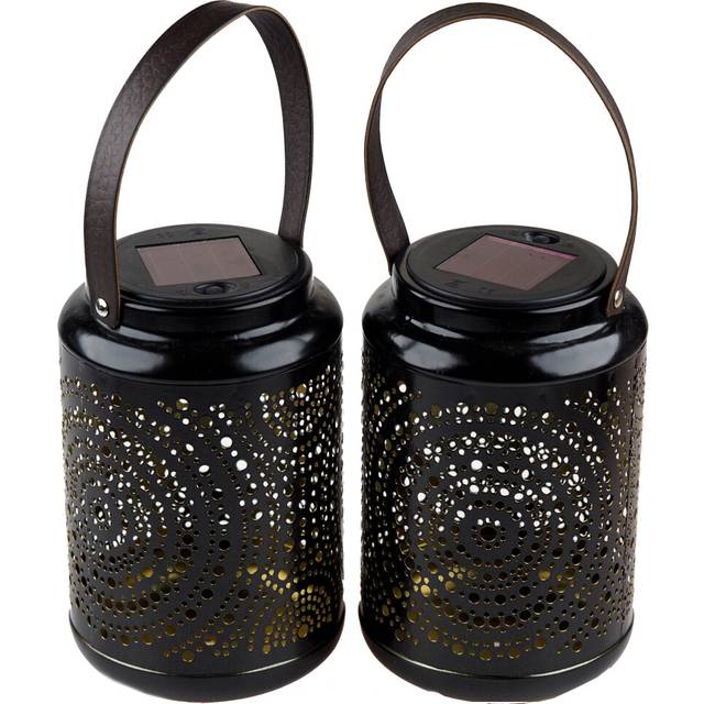 Black Hanging LED Solar Lights Large 19cm Garden Lanterns (Set of 2)