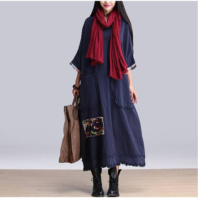 Blue Linen Woven Cloth Patch Oversized Baggy Tunic Dress