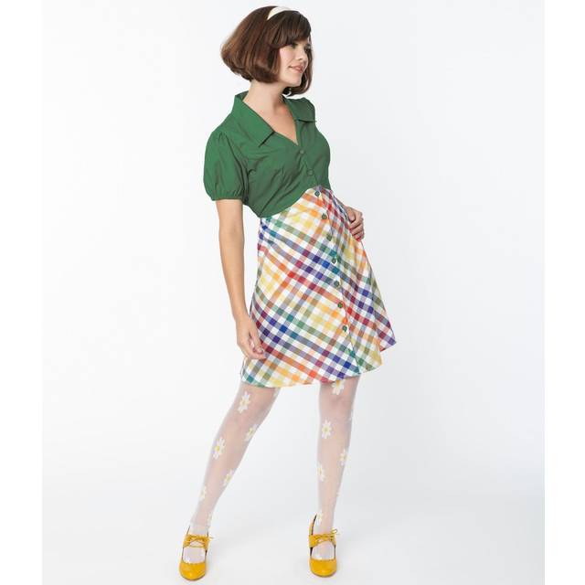 Smak Parlour 1970S Green & Rainbow Gingham Mini Shirt Dress - XSmall/2