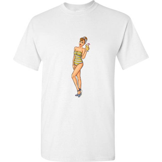 (M) Bikini Retro Style Girl Cartoon Pop Art White Men T Shirt Tee Top