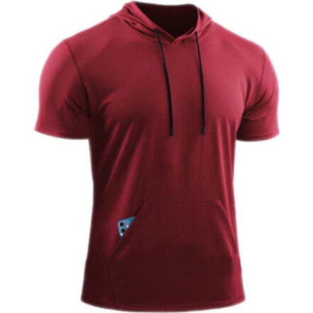 (Red, M) Mens Short Sleeve Hooded Sport T Shirt Summer Sportswear Tops Hoodie Fitness Tee