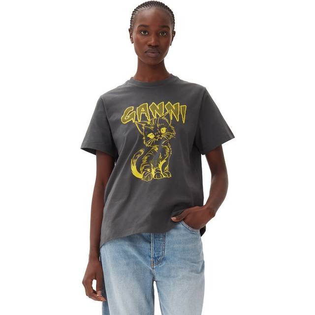 Ganni Womens Volcanic Ash Kitty Graphic-print Organic-cotton T-shirt S - VOLCANIC ASH