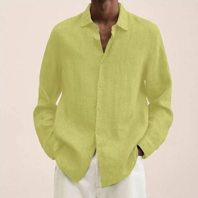 (Yellow, 5XL) Mens Long Sleeve Lapel Dress Shirt Solid Baggy Button-down Tops Blouse T Shirt