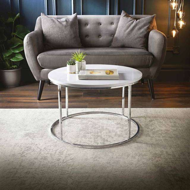 Aralyn Contemporary White High Gloss Round Coffee Table with a Metal Base (45cm H X 70cm W X 70cm D)