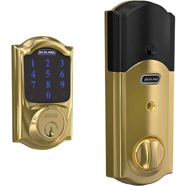 SCHLAGE BE469ZP CAM 605 Connect Smart Deadbolt With Alarm Inbuilt Camelot Trim In Bright Brass