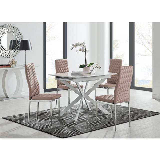 Eubanks Modern High Gloss Extendable Dining Table Set with x4 Luxury Faux Leather Dining Chairs - Silver (4)