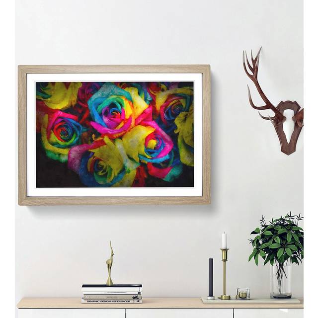 Multi-Coloured Rainbow Roses - Picture Frame Graphic Art Print - Oak Framed (33cm H x 45cm W x 2cm D)