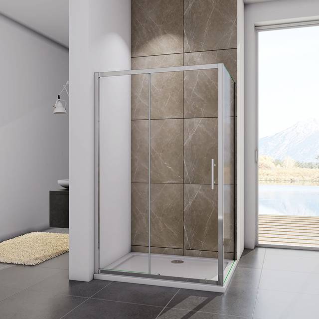 Selph Sliding Rectangular Shower Enclosure with Tray - 1850 x 1400 mm - Polished Chrome (185cm H X 140cm W X 76cm D)