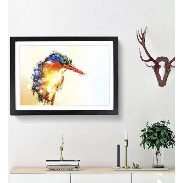 Exquisite Kingfisher Bird in Abstract - Picture Frame Painting Print - Black Framed (48cm H x 65cm W x 2cm D)