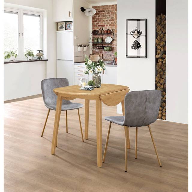Hallowood Furniture - Ledbury Small Dining Table and 2 Chairs, Round Drop Leaf Table and Grey Leather Effect Chairs, Wooden Folding Table and Chairs