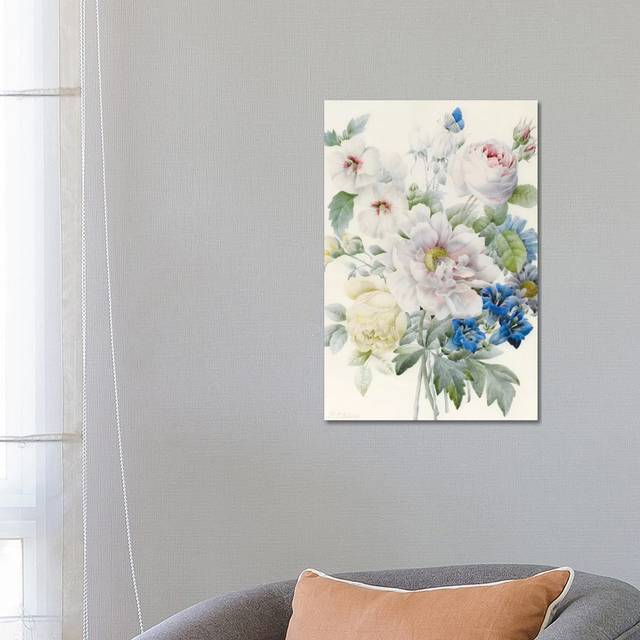 A Bunch of Flowers including a Peony, Roses, Hibiscus, Asters, Gentian and an Imaginary Blue Butterfly by Pierre-Joseph Redouté - Wrapped Canvas Paint (66.04 cm H x 45.72 cm W x 1.91 cm D)