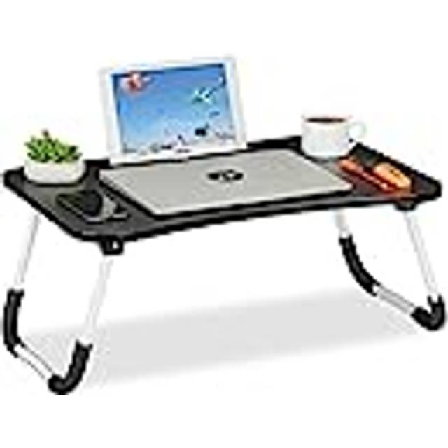 Relaxdays laptopbord för soffa, vikbar, surfplatta, mugghållare, sängbord, H x B x D 26 x 63 x 40 cm, svart/vit