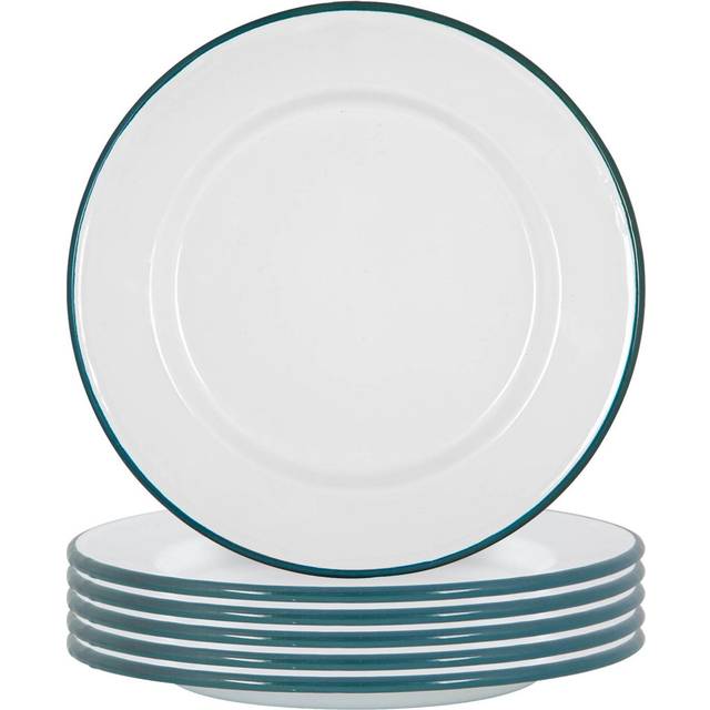 25.5cm White Enamel Dinner Plates - Pack of Six - Green