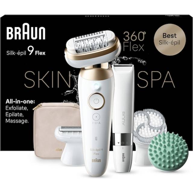 Braun Silk-épil 9 Flex SkinSpa, Epilator med 360° flexibelt huvud, för enkel hårborttagning, Wet & Dry, varaktigt slät hud, allt-i-ett-kit, med minirakapparat för kroppen 9-481 3D, Vit/Guld