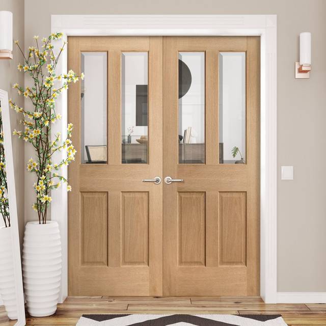 Liberty Doors Internal Oak Unfinished Traditional 2 Panel 2 Light Clear Bevelled Glass Pair Door - 1981x1676x35mm (78&apos;&apos;x66&apos;&apos;) (26B