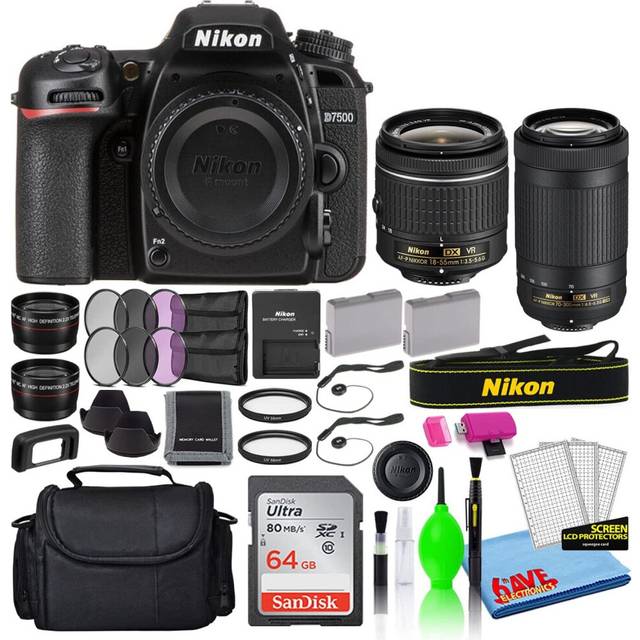 Nikon D7500 20.9MP DSLR Digital Camera with 18-55mm and 70-300mm Lenses (13543) Deluxe Bundle with 64GB SD Card + Large Camera ..
