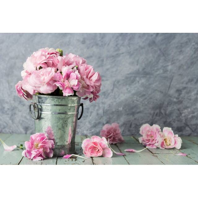 Carnation Flowers in Zinc Bucket on Old Wood - Wrapped Canvas Photograph (81cm H x 122cm W x 3.8cm D)