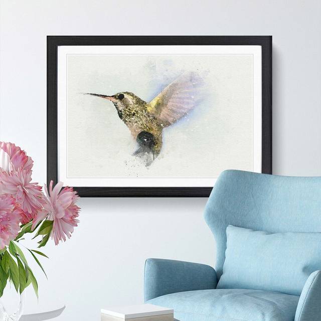 Flying Hummingbird Bird in Abstract - Picture Frame Graphic Art Print - Black (35cm H x 50cm W x 2cm D)