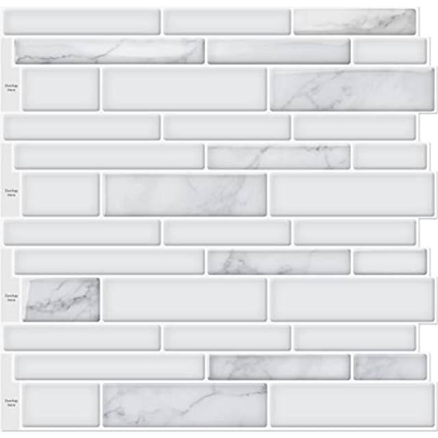 "10-Sheet Premium Stick On Kitchen Backsplash Tiles, 12""x12"" Peel and Stick Self Adhesive Wall Tiles, White Marble Design"