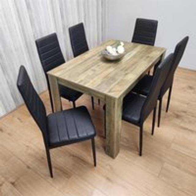 Kosy Koala - Dining Table and 6 Chairs Rustic Effect Wood Table 6 Black Velvet Chairs Dining Room