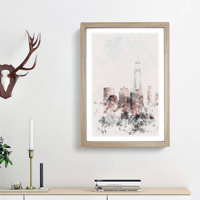 Downtown New York City Skyline Watercolour - Picture Frame Graphic Art - Oak Framed (87cm H x 62cm W x 2cm D)