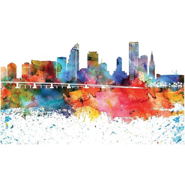 Miami Colourful Watercolour Skyline by WallDecorAddict - Wrapped Canvas Painting (30.48 cm H x 45.72 cm W)