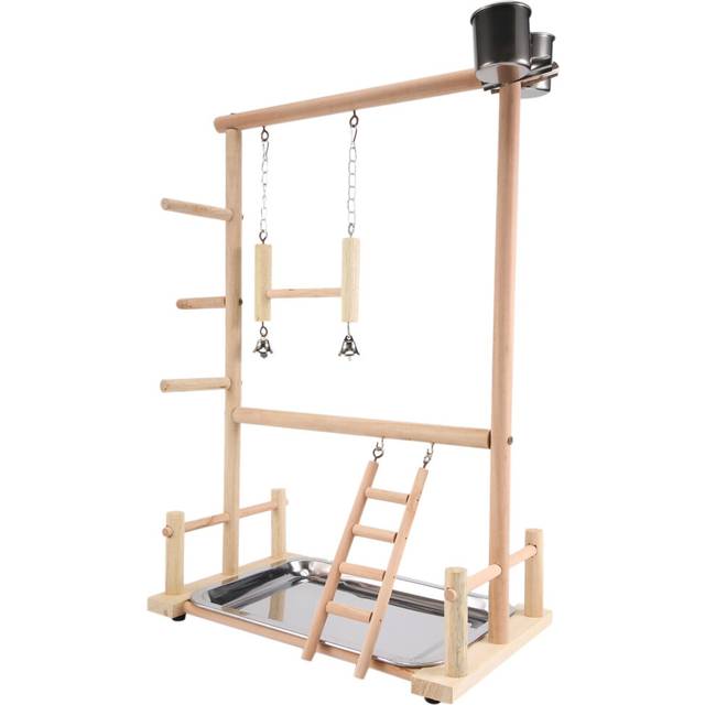 Parrots Playground,Natural Wooden Parrot Perch Gym Play Stand Parakeet with Feeder Cups and Toys Exercise Play