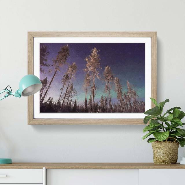 Trees Below the Northern Lights - Picture Frame Graphic Art Print - Oak (60cm H x 91cm W x 2cm D)
