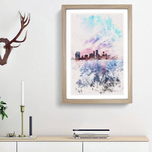 Miami Florida Skyline - Picture Frame Painting Print - Oak Framed (87cm H x 62cm W x 2cm D)