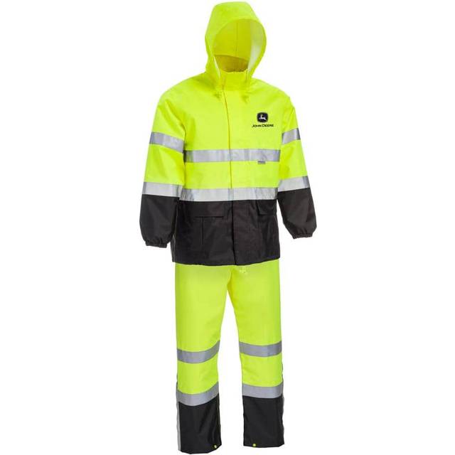 John Deere Unisex High Visability ANSI Class III Rain Suit Jacket and Bib with Color Block  High Visability  Water Resistant  and Reflective 3M Tape
