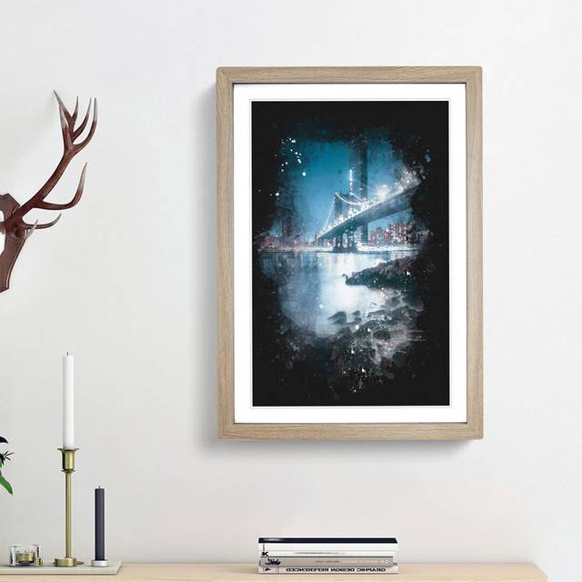 The Brooklyn Bridge in New York - Picture Frame Painting Print - Oak Framed (63cm H x 45cm W x 2cm D)