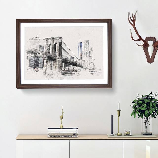 Brooklyn Bridge in New York - Picture Frame Graphic Art Print - Walnut Framed (45cm H x 63cm W x 2cm D)