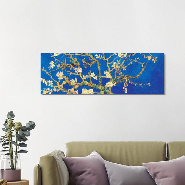 'Almond Blossom on Royal Blue' by Vincent Van Gogh - Floater Frame Panoramic Painting Print on Canvas - Wrapped Canvas (121.92 cm H x 40.64 cm W x 3.175 cm D)