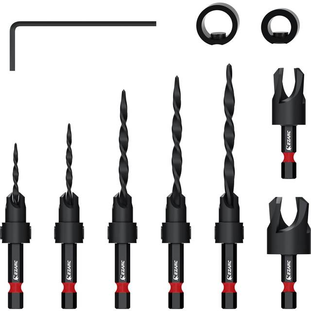 Countersink Drill Bit Set 10pcs, 5Pcs Tapered Countersink Drill Bits for Wood, Wood Counter Sink Bits 2 Wood Plug Cutter, 2 Stop Collar, 1 Hex Wrench