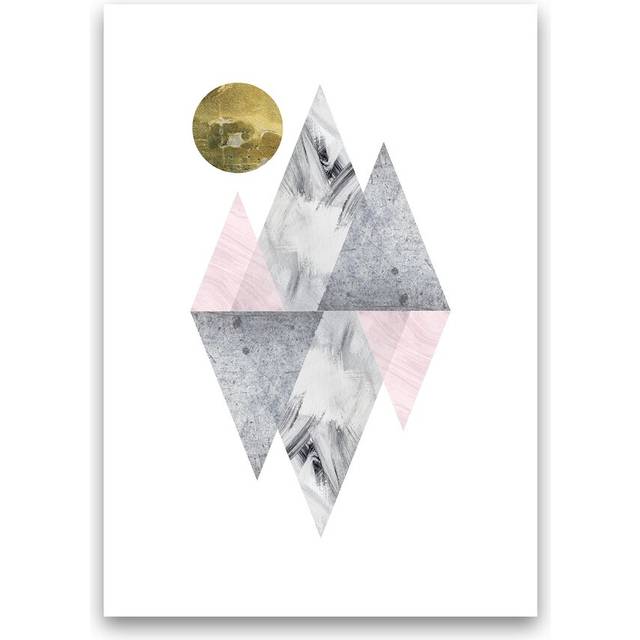 Luna Pink and Grey Diamonds with Gold Moon by Pixy Paper - Graphic Art - Unframed (42cm H x 29.7cm W x 1cm D)