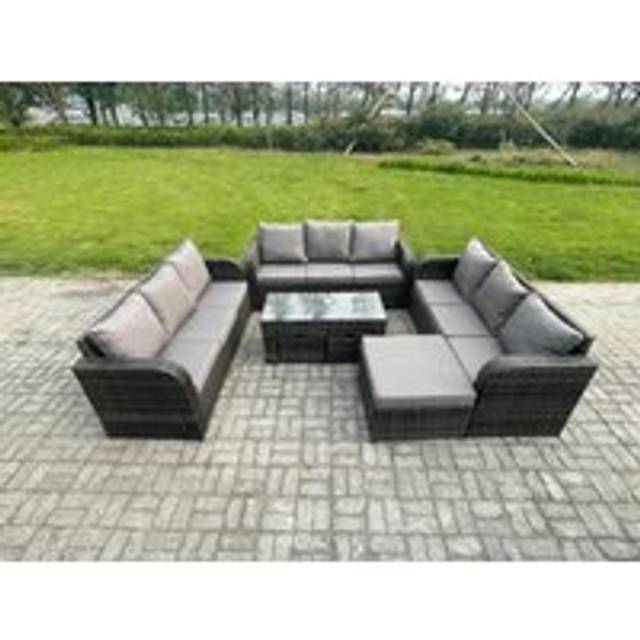 12 Seater Rattan Garden Furniture Set Indoor Outdoor Patio Sofa Set with Coffee Table 3 Footstools Dark Grey Mixed - Fimous