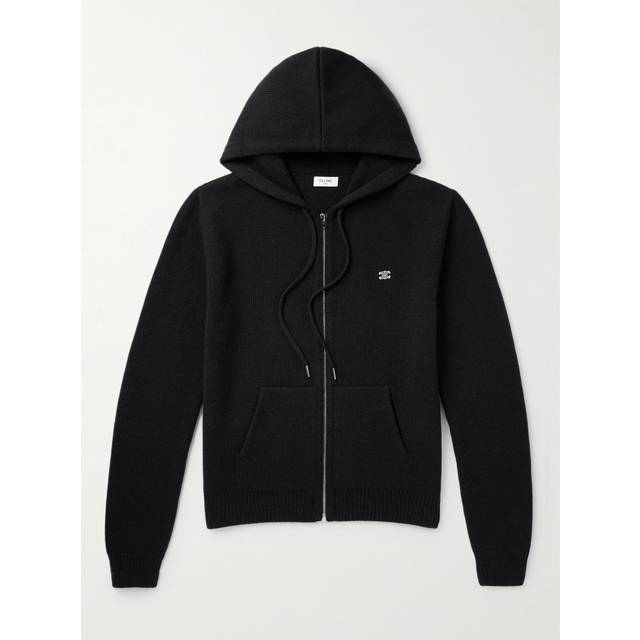 CELINE HOMME - Logo-Embroidered Knitted Wool and Cashmere-Blend Hoodie - Men - Black - S