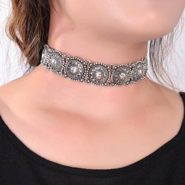Vintage Boho Antique Silver Tattoo Statement Necklace Retro Turquoise Beads Collar Choker Necklace Women Neck Jewelry TT - Multicoloured