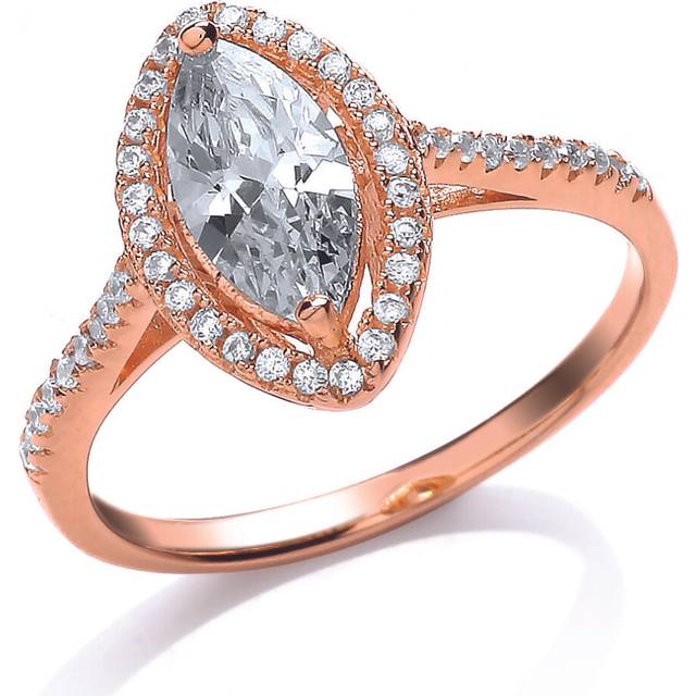 (N) Jewelco London Ladies Rose Gold-Plated Sterling Silver Marquise Cubic Zirconia Halo Engagement Ring