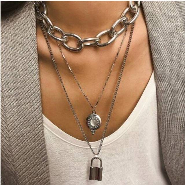 KMVEXO Punk Lover&#39;s Lock Pendant Choker Necklace Boho Clavicle Golden Thick Chain Opal Crystal Necklaces Collier Women Gift 2019 - Multicoloured