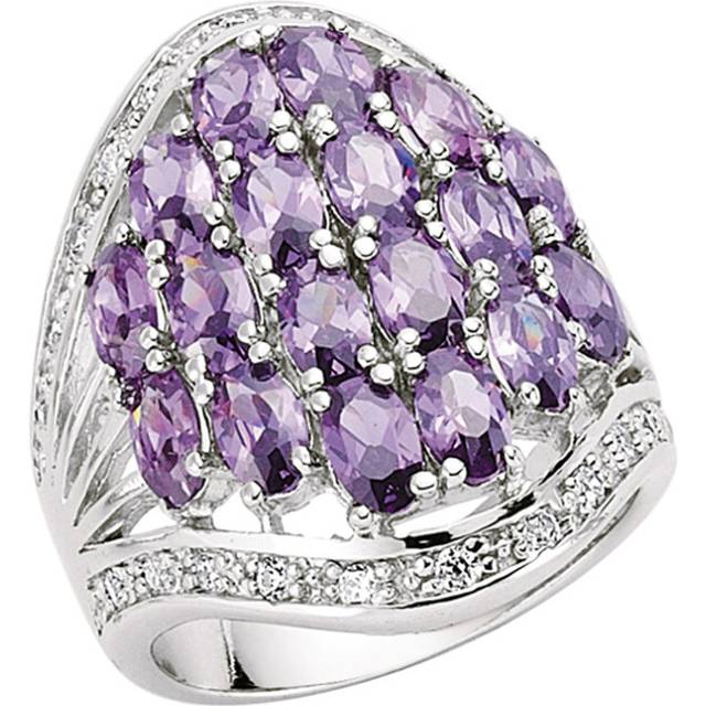 (L) Jewelco London Rhodium Plated Sterling Silver Violet and White Oval and Round Brilliant Cubic Zirconia Cocktail Ring