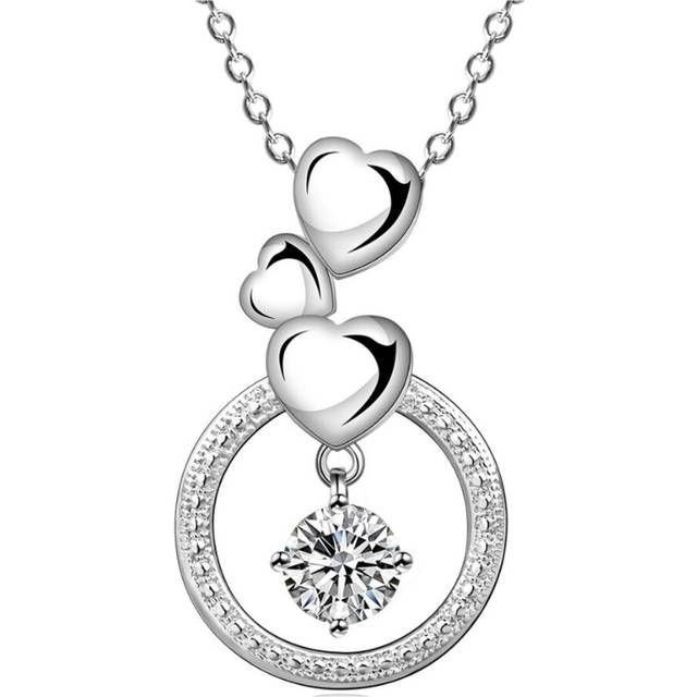 Women's Ladies Silver Plated Hearts Love Pendant Necklace With Circle Crystal Stone Girls