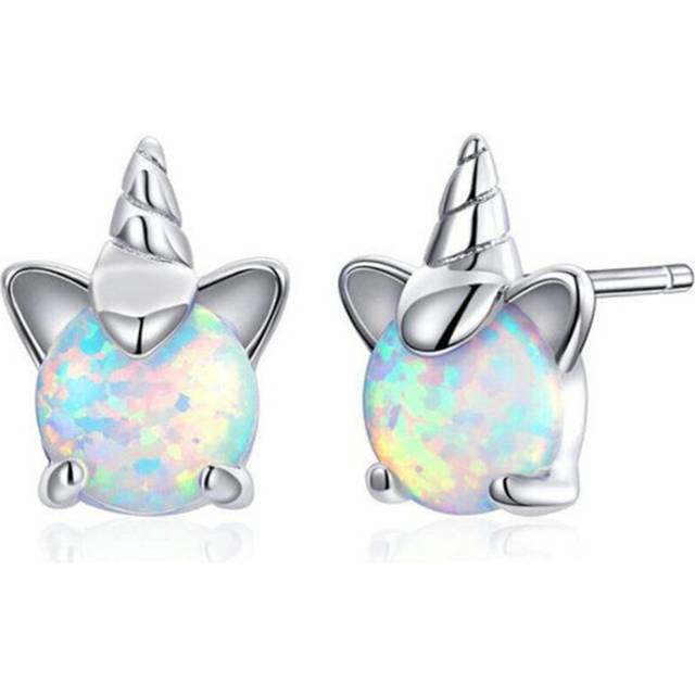 Silver plating Cute Unicorn Colorful Opal Stud Earrings for Women Wedding Small Earrings Fine Anniversary Jewelry