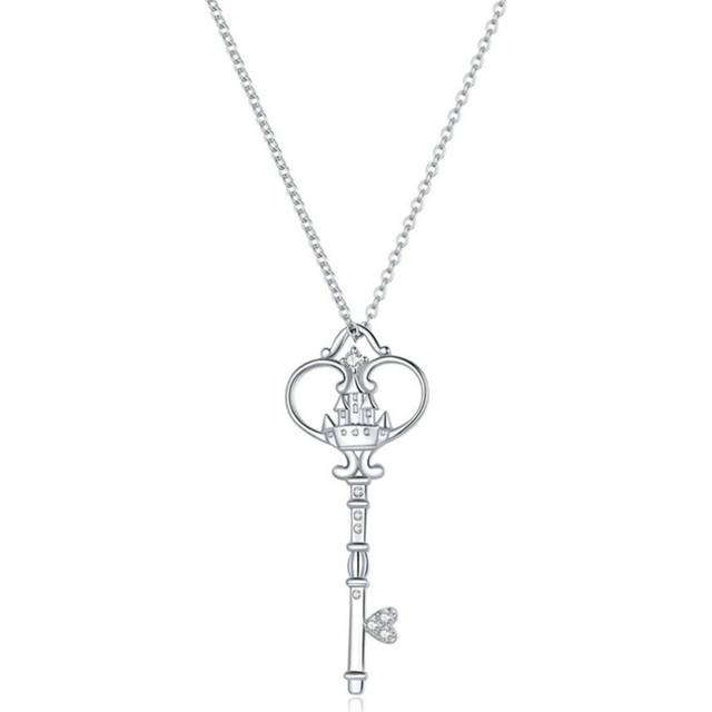Vintage Castle Key Necklace Heart Love Shape Pendant Silver plating Necklace for Women Wedding Jewelry