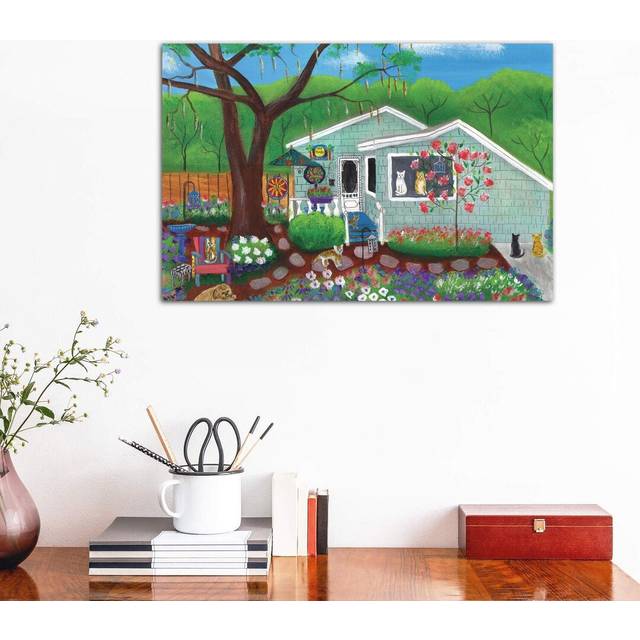 Cats and Dog at Garden Folk Art House by Cheryl Bartley - Wrapped Canvas Graphic Art Print (45.72cm H x 66.04cm W x 3.81cm D)