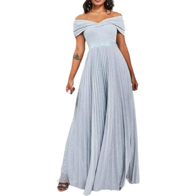Goddiva Bardot Pleated Skirt Wedding Dress - Silver - 8