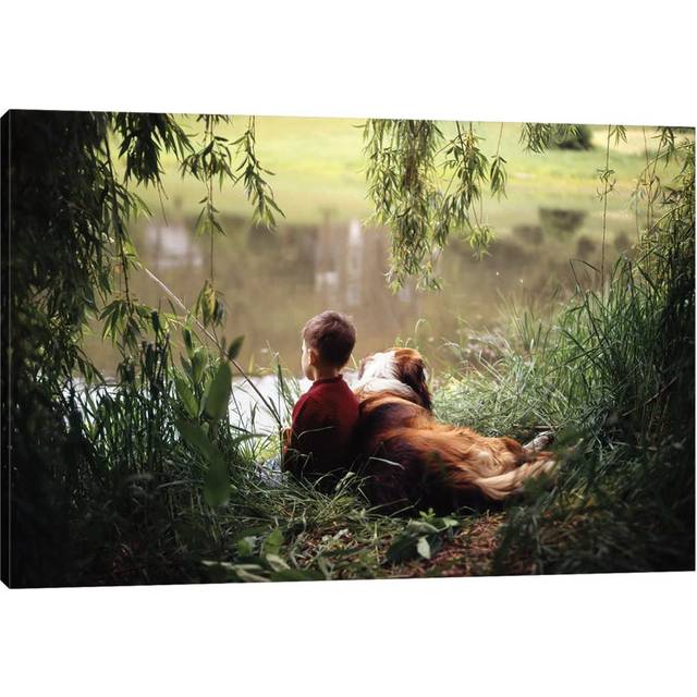1960S-1970S Boy Fishing with His Dog by His Side - Wrapped Canvas Photograph (20.32cm H x 30.48cm W x 1.91cm D)